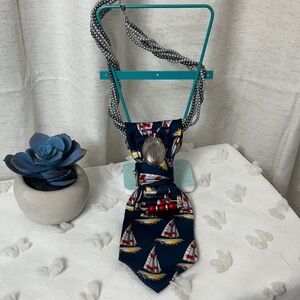 Nautical Sailboat Pattern Tie with Beaded Necklace